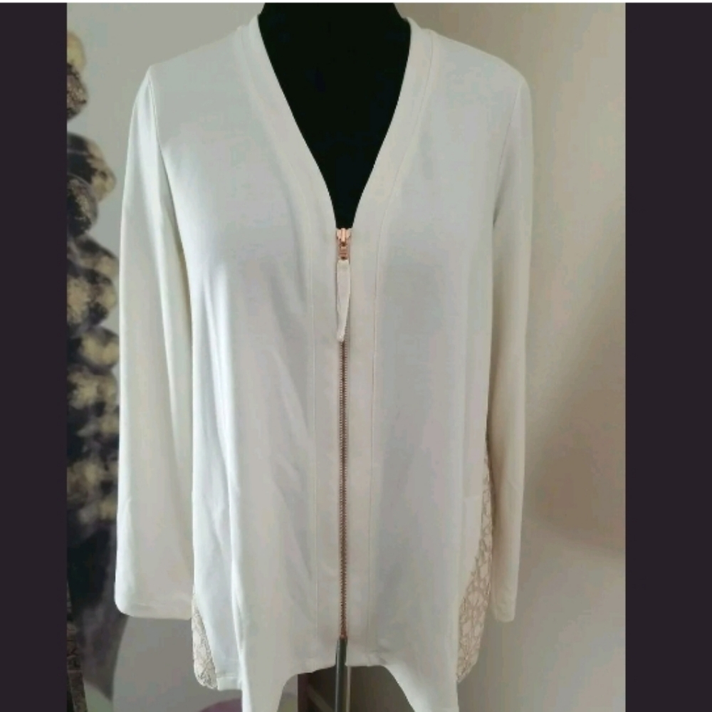 Logo Lounge Lori Goldstein Ivory Zip Cardigan Lace